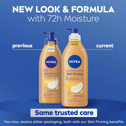 NIVEA Skin Firming Melanin Beauty & Hydration Body Lotion with Q10 and Argan Oil, Firmer Skin in as Little As Seven Days, 16.9 Fl Oz Pump Bottle