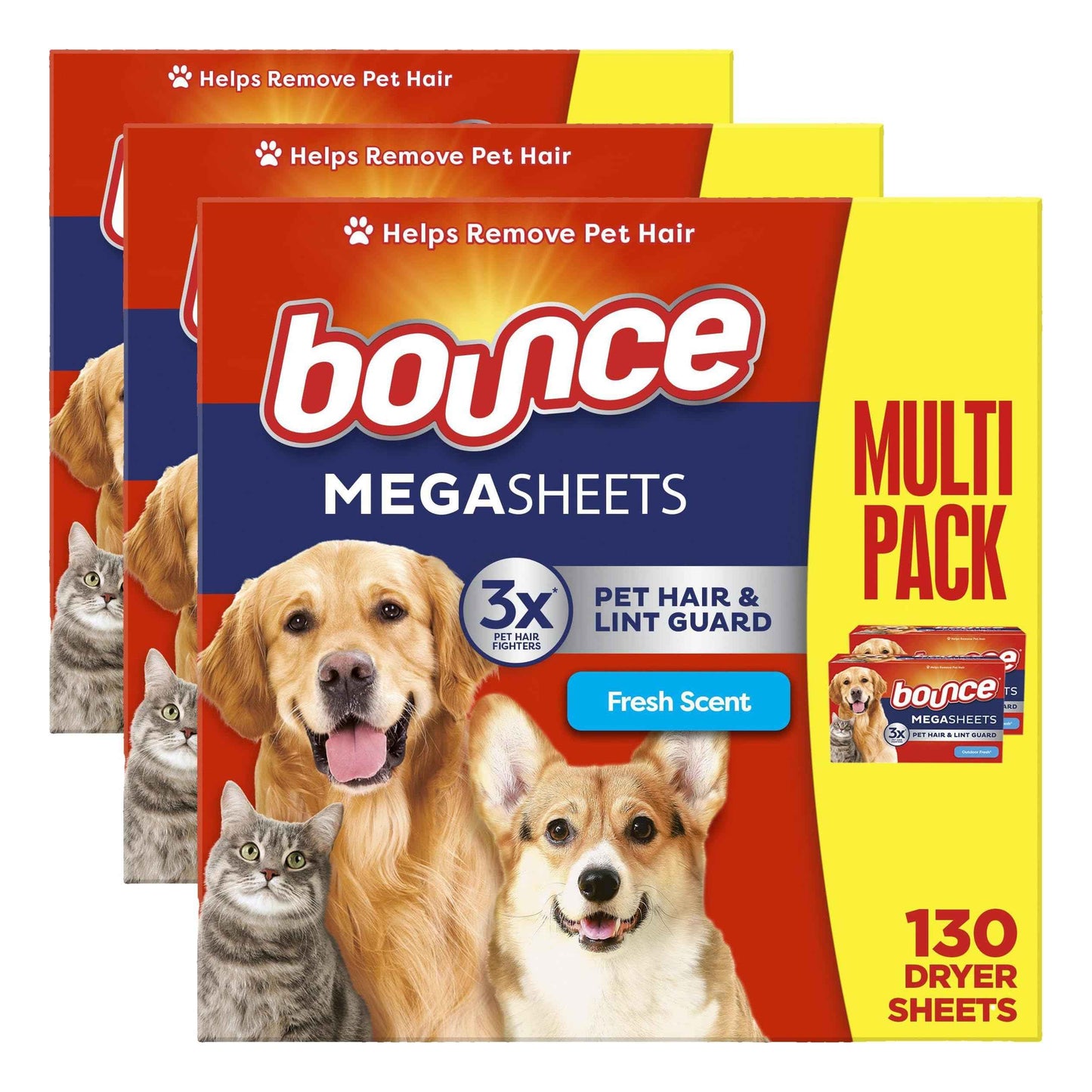 Bounce Pet Hair and Lint Guard Mega Dryer Sheets with 3X Pet Hair Fighters, Fresh Scent