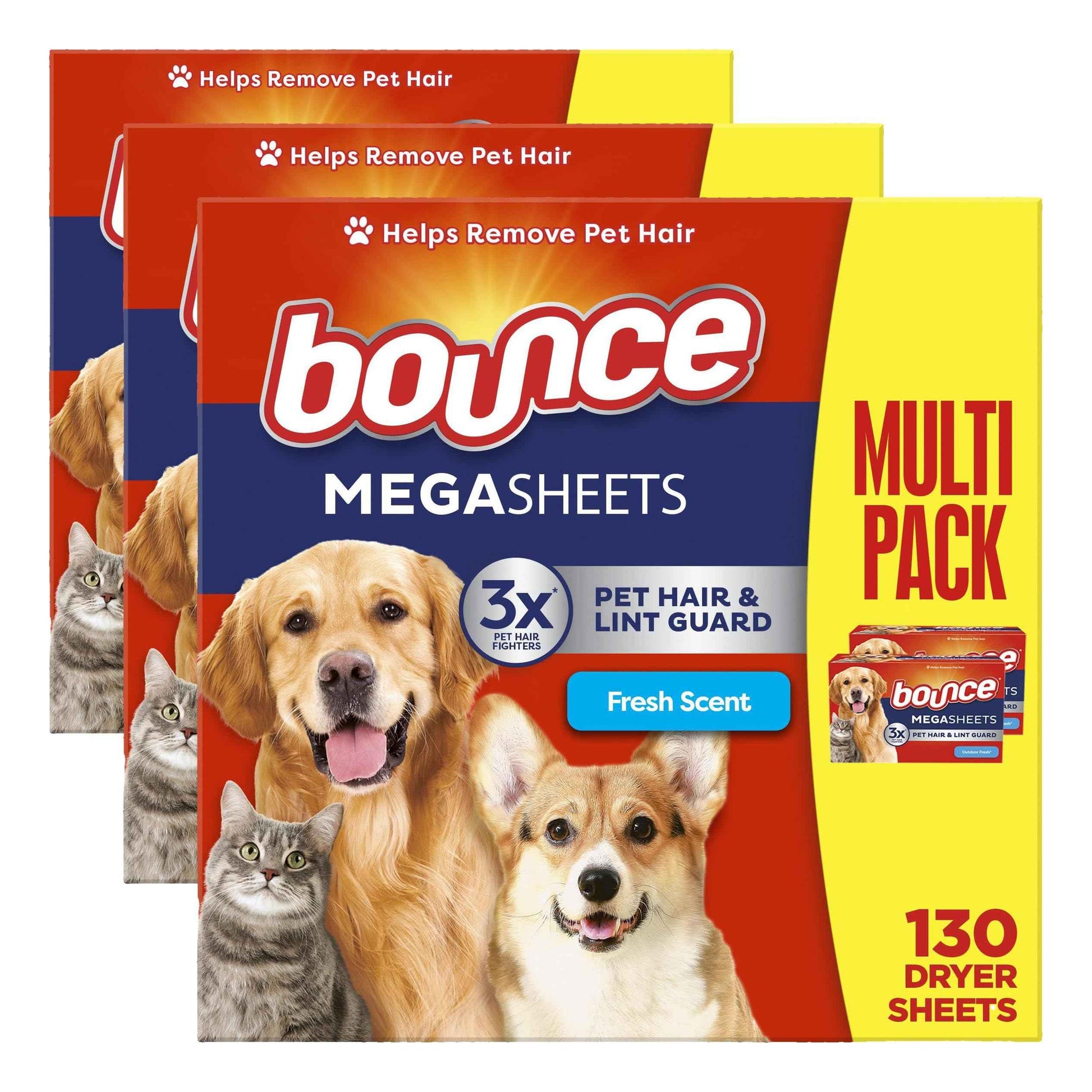 Bounce Pet Hair and Lint Guard Mega Dryer Sheets with 3X Pet Hair Fighters, Fresh Scent