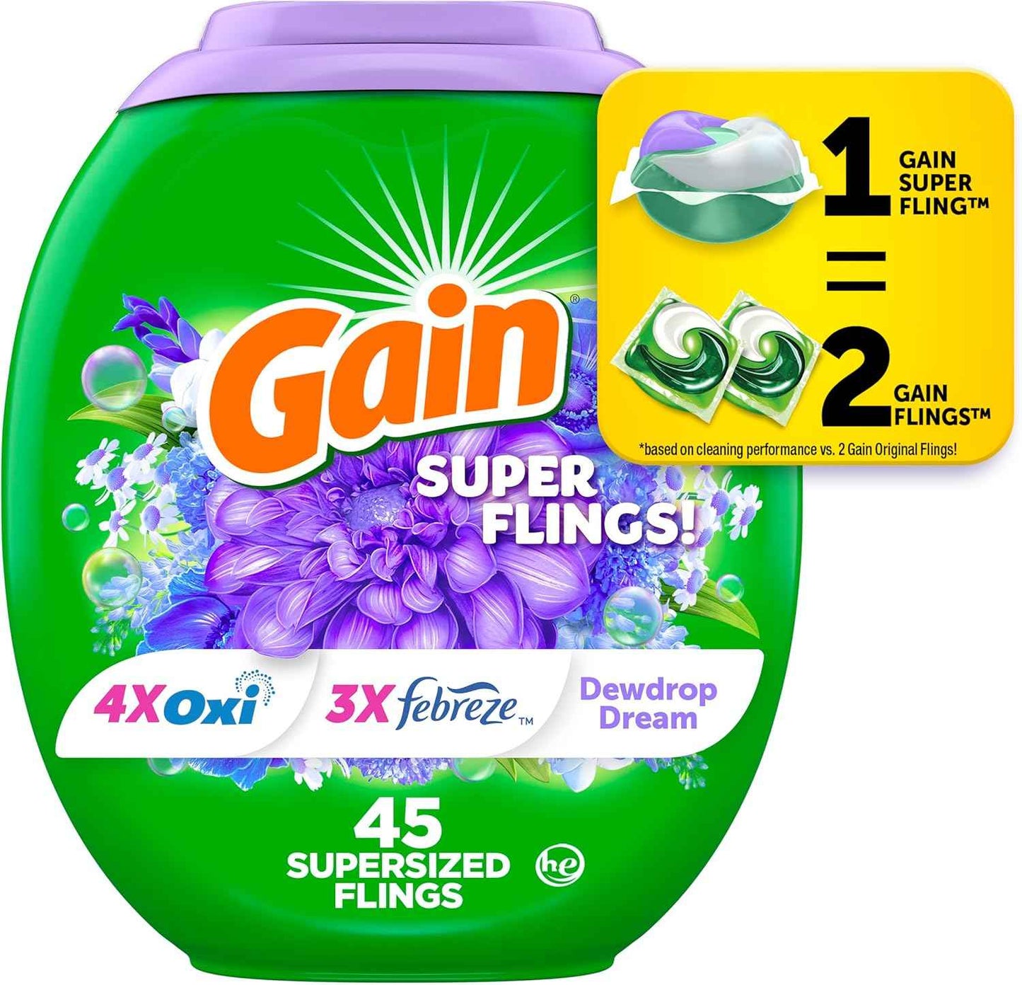 Gain Super Flings Laundry Detergent Pacs, Dewdrop Dream scent, clean and fresh washing detergent laundry soap pacs