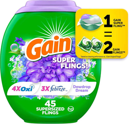 Gain Super Flings Laundry Detergent Pacs, Dewdrop Dream scent, clean and fresh washing detergent laundry soap pacs