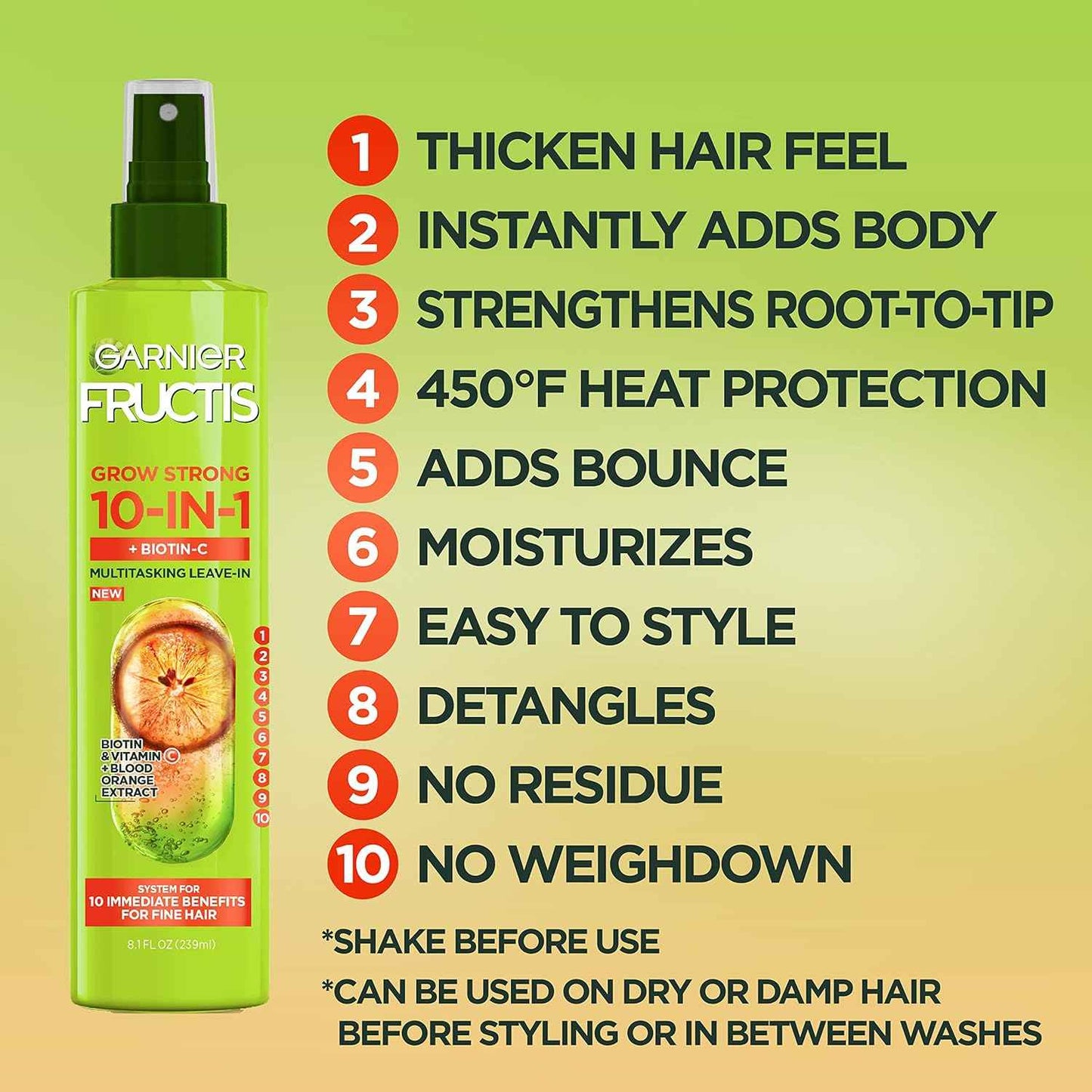 Garnier Fructis Grow Strong Thickening 10-in-1 Spray, Biotin-C, 8.1 Fl Oz
