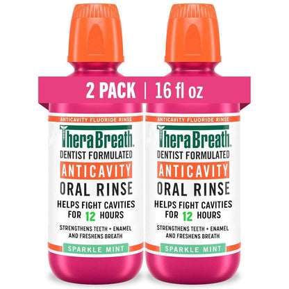 TheraBreath Anticavity Fluoride Oral Rinse Mouthwash, Fights Cavities, Strengthens Enamel and Freshens Breath, Dentist-Formulated, Alcohol-Free, Sparkle Mint Flavor, 16 fl oz, Pack of 2