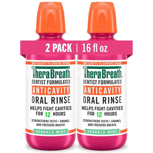 TheraBreath Anticavity Fluoride Oral Rinse Mouthwash, Fights Cavities, Strengthens Enamel and Freshens Breath, Dentist-Formulated, Alcohol-Free, Sparkle Mint Flavor, 16 fl oz, Pack of 2