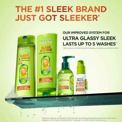 Garnier Fructis Sleek & Shine Shampoo, Conditioner + Leave-In Conditioer Set for Frizzy, Dry Hair, Plant Keratin + Argan Oil (3 Items), 1 Kit (Packaging May Vary)