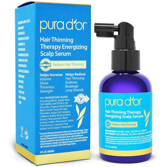 PURA D'OR Hair Thinning Therapy Energizing Scalp Serum: Copper Tripeptide, Biotin, Caffeine, Plant Stem Cell, Catalase & DHT Balance, Rosemary Green Tea Leaf Extract, All Hair Types, Men Women