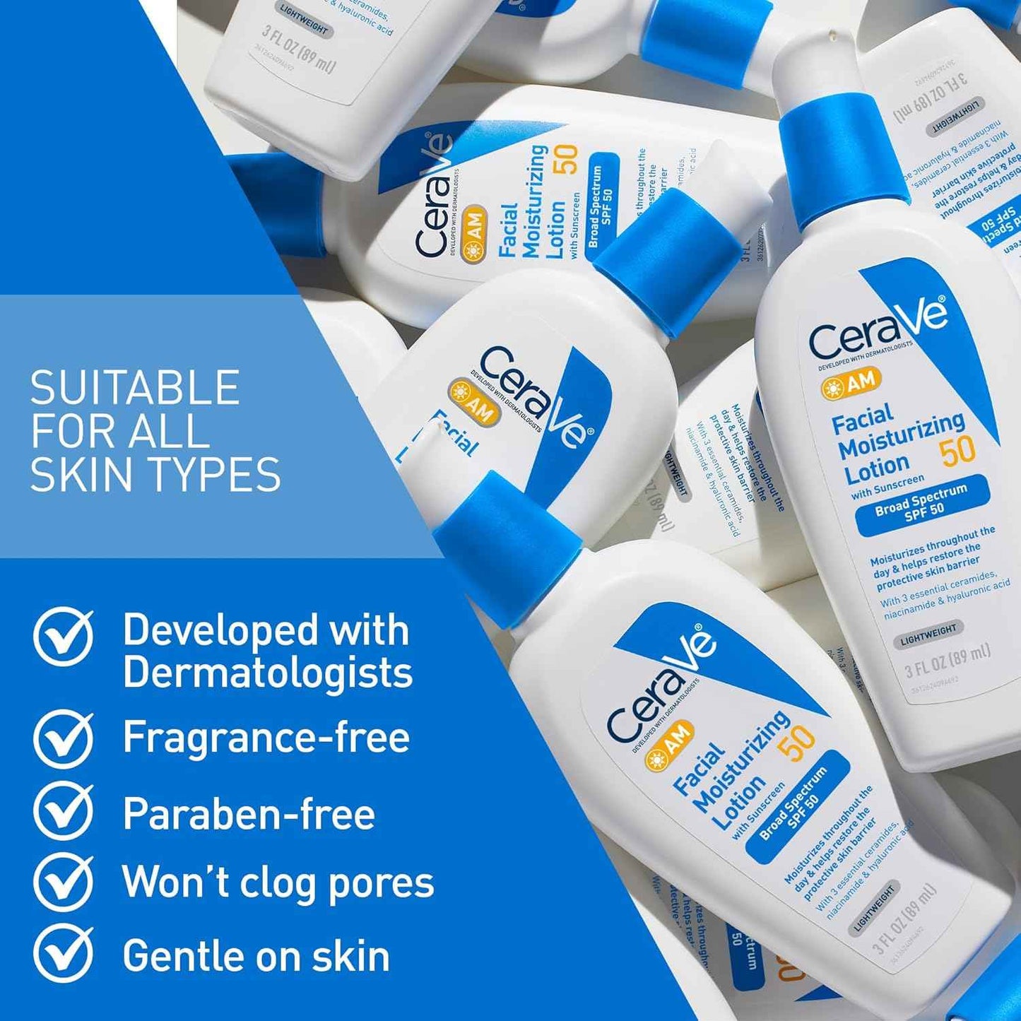 CeraVe AM Facial Moisturizing Lotion SPF 50, Face Moisturizer with SPF, Hyaluronic Acid, Niacinamide & Ceramides, Non-Greasy, Blends Seamlessly With No White Cast, Non Comedogenic Sunscreen, 3 Oz