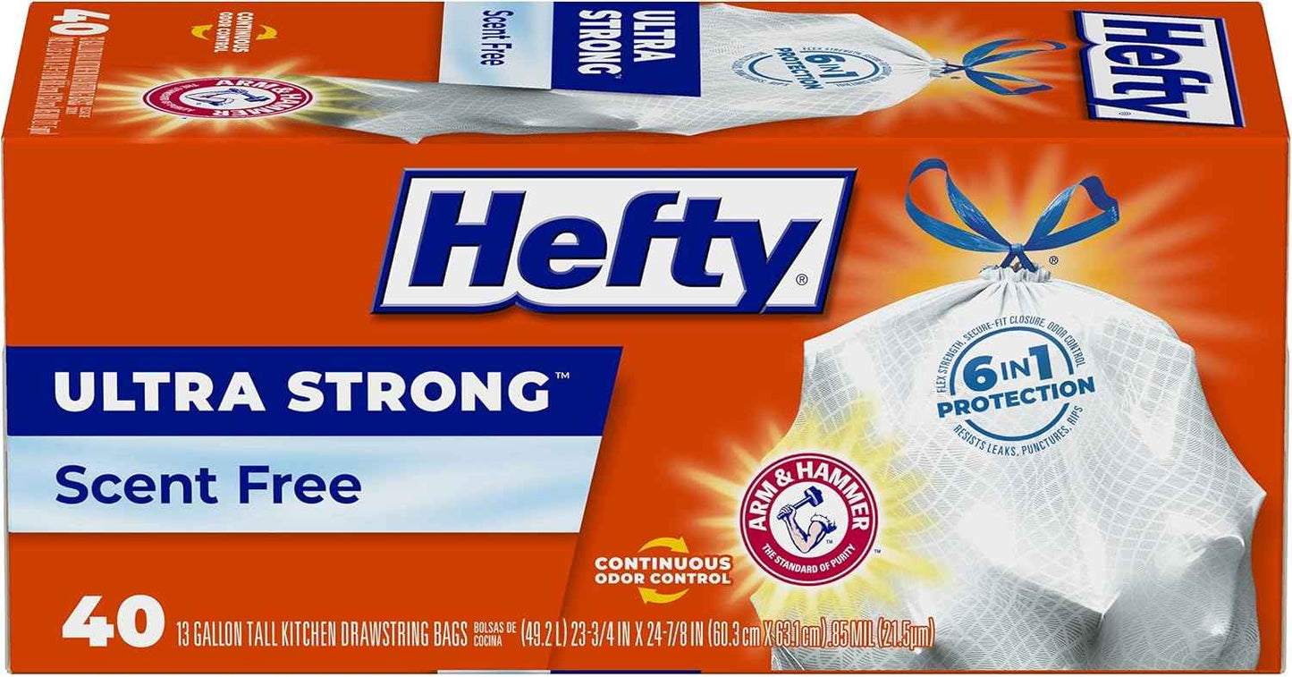 Hefty Ultra Strong 13-Gallon Trash Bags, Tall Kitchen, Drawstring Closure, Odor Control, White, Unscented