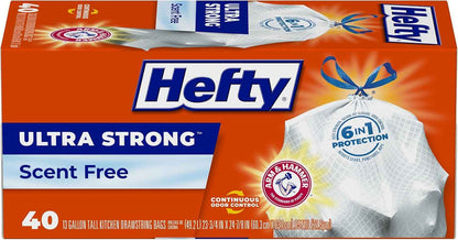 Hefty Ultra Strong 13-Gallon Trash Bags, Tall Kitchen, Drawstring Closure, Odor Control, White, Unscented