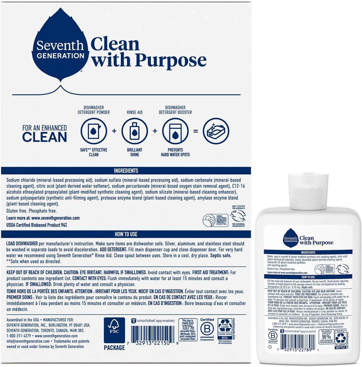 Seventh Generation Dishwasher Detergent Powder + Rinse Aid, Free & Clear, Biodegradable, Plant-Based & Fragrance-Free, Septic Safe