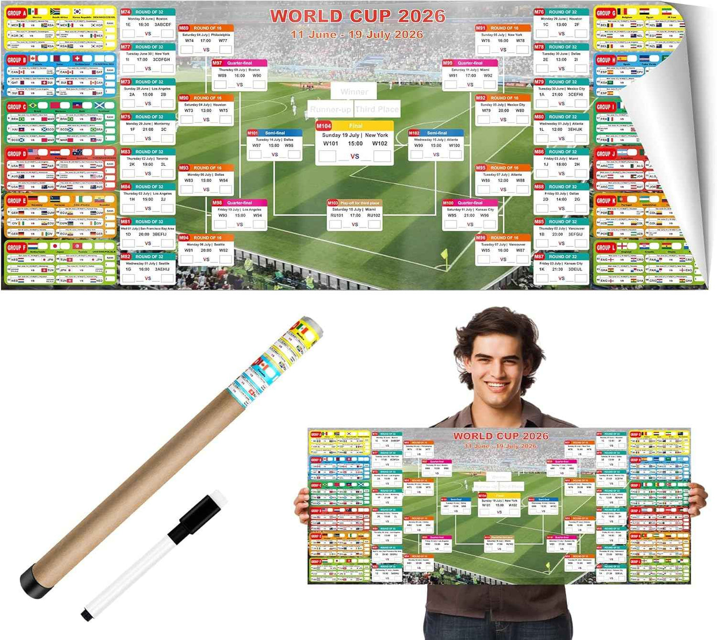 2026 World Cup Schedule Poster – Extra Large 43.31"x17.72" Waterproof PP, Dry Erase Soccer Tournament Wall Chart with Knockout Bracket & Group Stage Tracker – Perfect for Home, Office, Bar, Viewing Parties & Fans