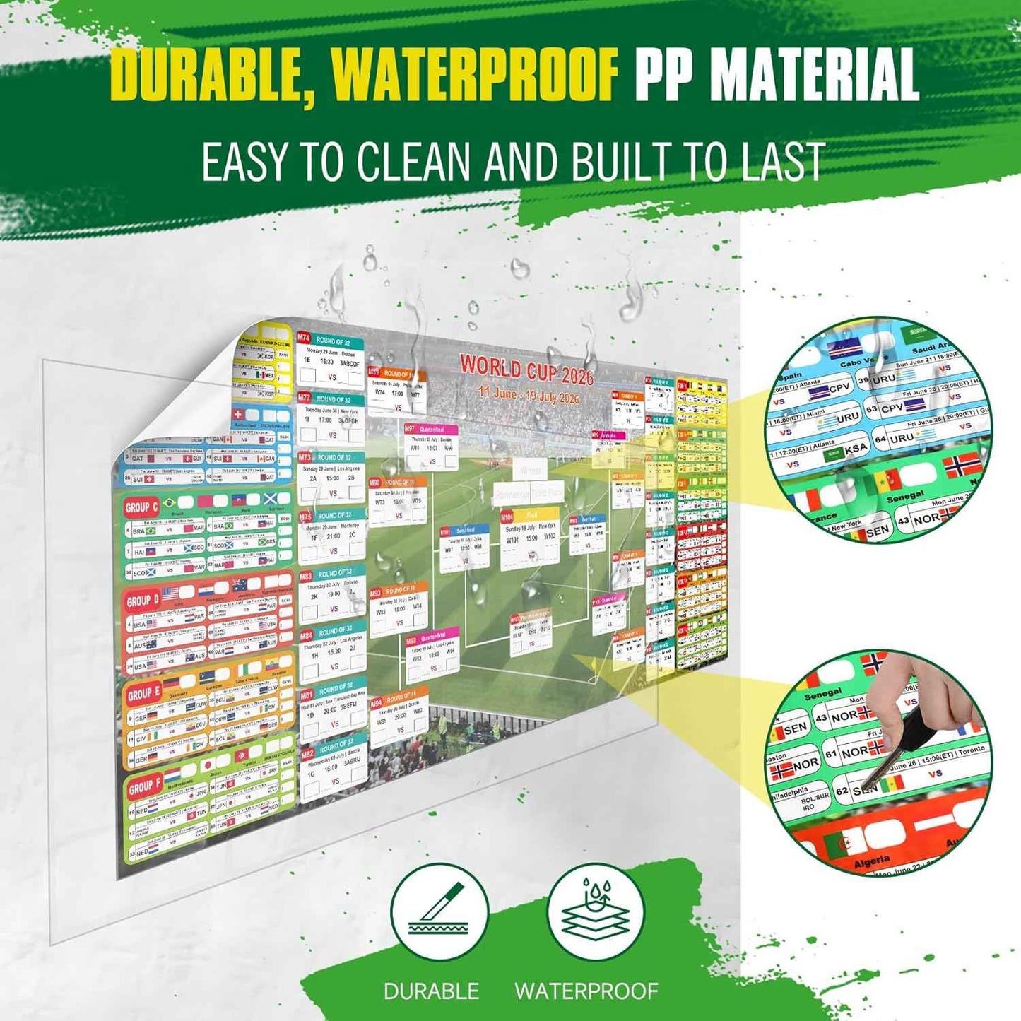 2026 World Cup Schedule Poster – Extra Large 43.31"x17.72" Waterproof PP, Dry Erase Soccer Tournament Wall Chart with Knockout Bracket & Group Stage Tracker – Perfect for Home, Office, Bar, Viewing Parties & Fans