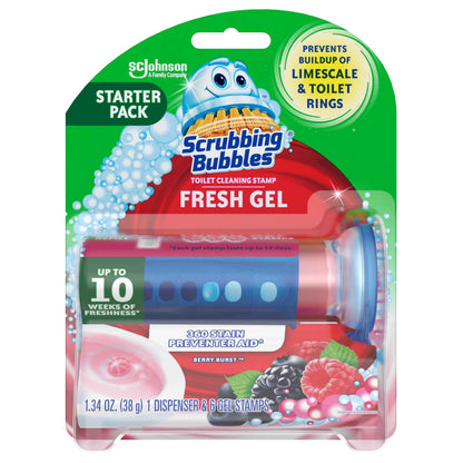 Scrubbing Bubbles Fresh Gel Toilet Bowl Cleaning Stamps, Helps Keep Toilet Clean and Helps Prevent Limescale & Rings, 1 Dispenser with 6 Fresh Gel Stamps