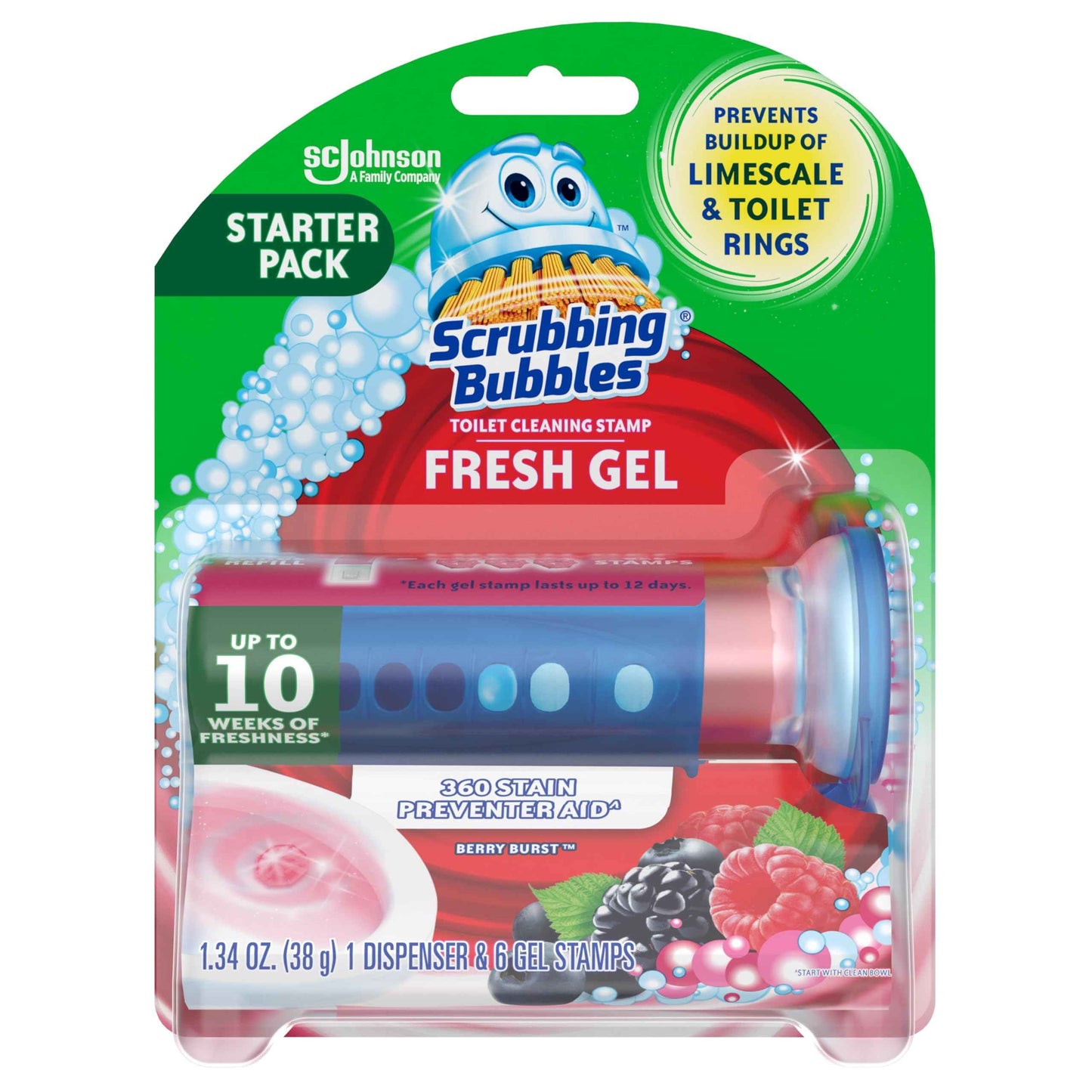 Scrubbing Bubbles Fresh Gel Toilet Bowl Cleaning Stamps, Helps Keep Toilet Clean and Helps Prevent Limescale & Rings, 1 Dispenser with 6 Fresh Gel Stamps