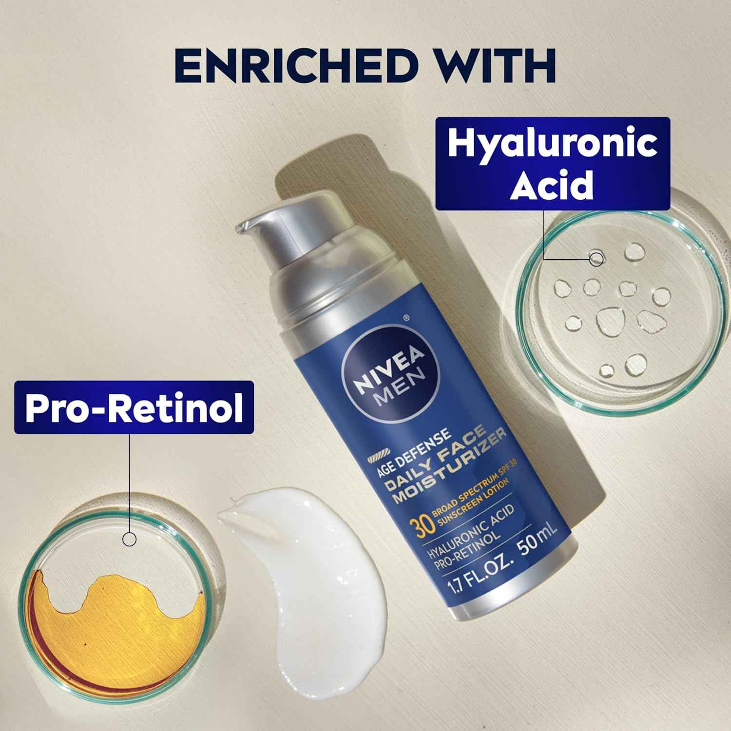 NIVEA MEN Age Defense Daily Face Moisturizer with Broad Spectrum SPF 30 Sunscreen, Pro-Retinol and Hyaluronic Acid, Beard-Friendly Face Lotion Helps Defend Against UVA/UVB Rays, 1.7 Fl Oz Bottle