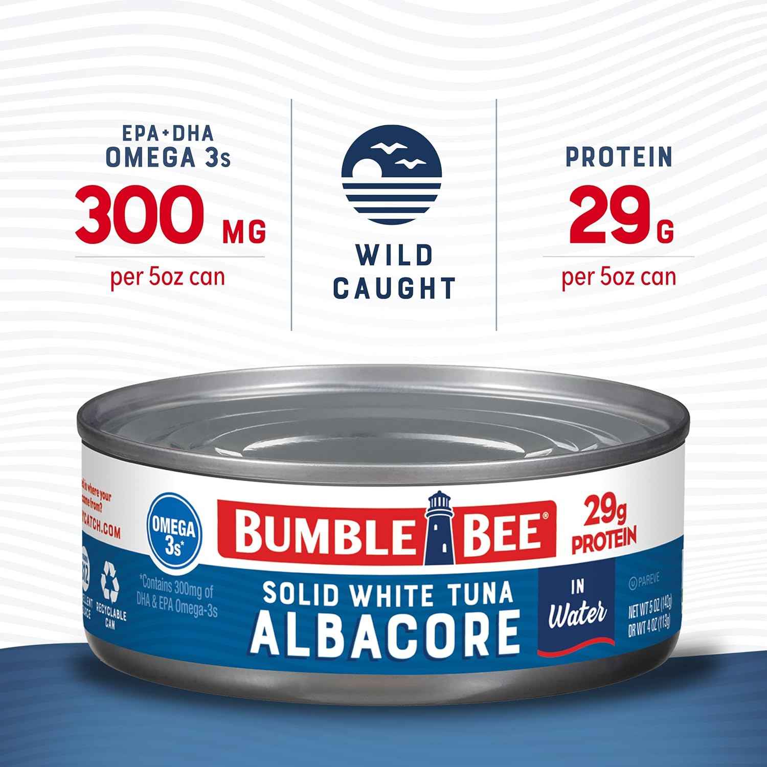 Bumble Bee Solid White Albacore Tuna, Can - Wild Caught Tuna - 29g Protein per Serving, High in Omega-3s - Non-GMO Project Verified, Gluten Free, Kosher