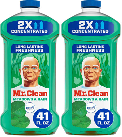 Mr. Clean All Purpose Cleaner, Floor Cleaner for Mopping Home, Bathroom, & Kitchen, Cleaning Liquid for Mop & Bucket, Cleaning Supplies, Multi-Surface Dilutable, Meadows & Rain