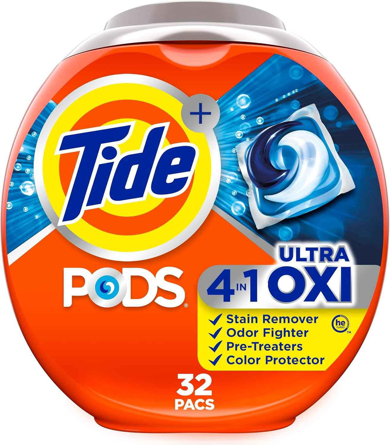 Tide 4-N-1 Ultra Oxi Pods Laundry Detergent Pacs, 32 Count, He Compatible, Built in Pre-Treater for Stains