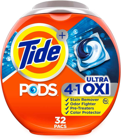 Tide 4-N-1 Ultra Oxi Pods Laundry Detergent Pacs, 32 Count, He Compatible, Built in Pre-Treater for Stains