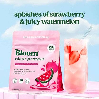 Bloom Clear Protein, Whey Protein Isolate with Collagen Peptides and Digestive Enzymes, 20g Protein, Sugar Free Post Workout Drink Mix, 90 Calories, 10 Servings
