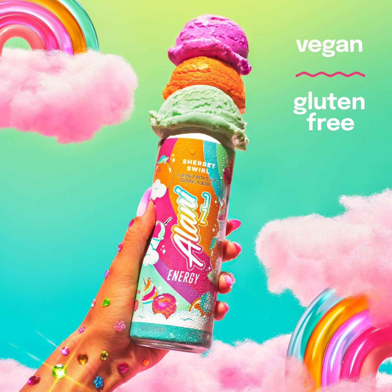 Alani Nu SHERBET SWIRL Sugar Free, Low Calorie Energy Drinks, 200mg Caffeine, Biotin B Vitamins, Zero Sugar, 10 Calories, 12 Fl Oz Cans, 24 Pack