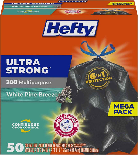 Hefty Ultra Strong 30 Gallon Trash Bags, Large Trash Bags 30 Gallon Size, Multipurpose, Break Resistant Drawstring Closure, Resists Leaks, Punctures, and Tears, Black