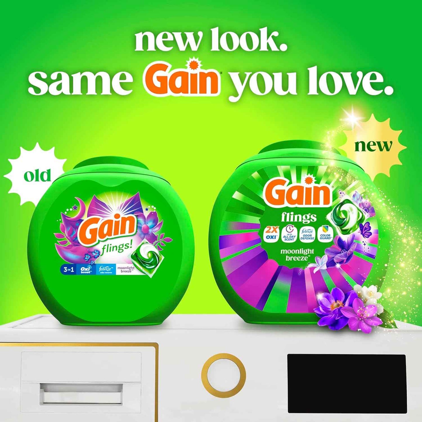 Gain Flings Liquid Washing Detergent Pacs with Odor Defense + Color Guard, Moonlight Breeze Scent, 4-In-1 Liquid Laundry Detergent Pods, Clean & Fresh