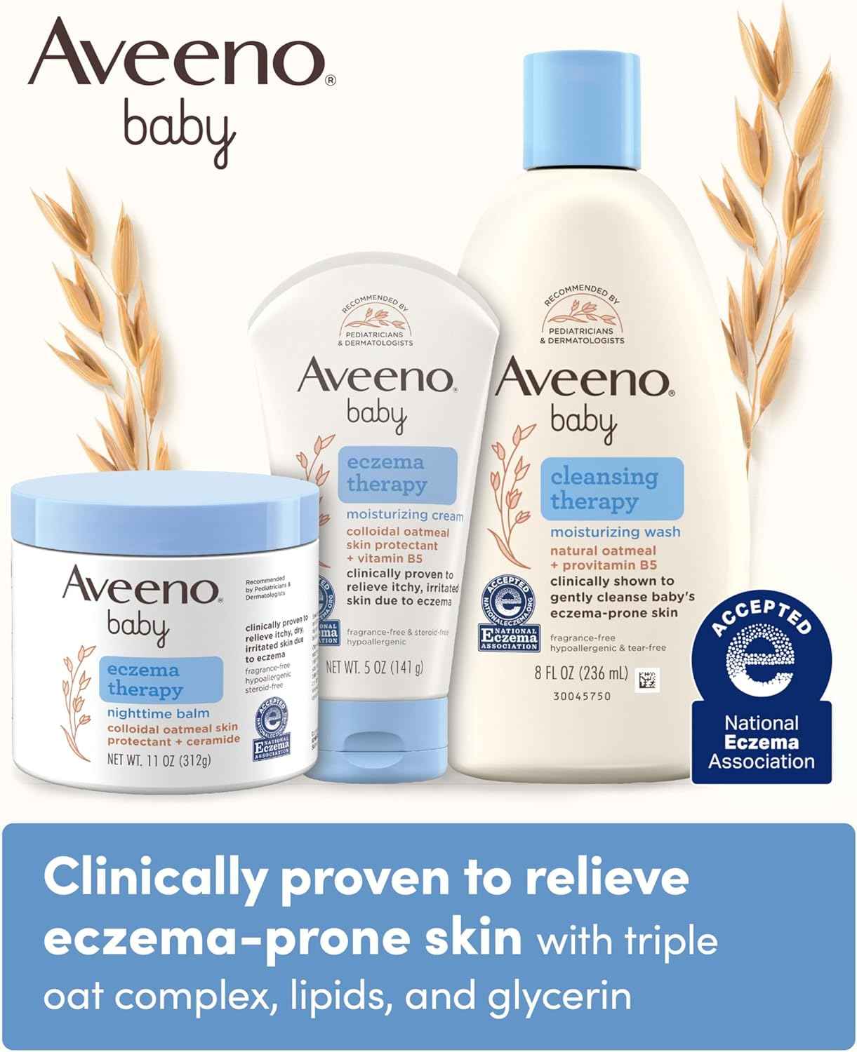 Aveeno Baby Eczema Therapy Nighttime Body Balm, Moisturizing Treatment for Face and Body, with Ceramides, Triple Oat Complex, Soothes Dry, Itchy Skin, Hypoallergenic, Fragrance and Steroid Free