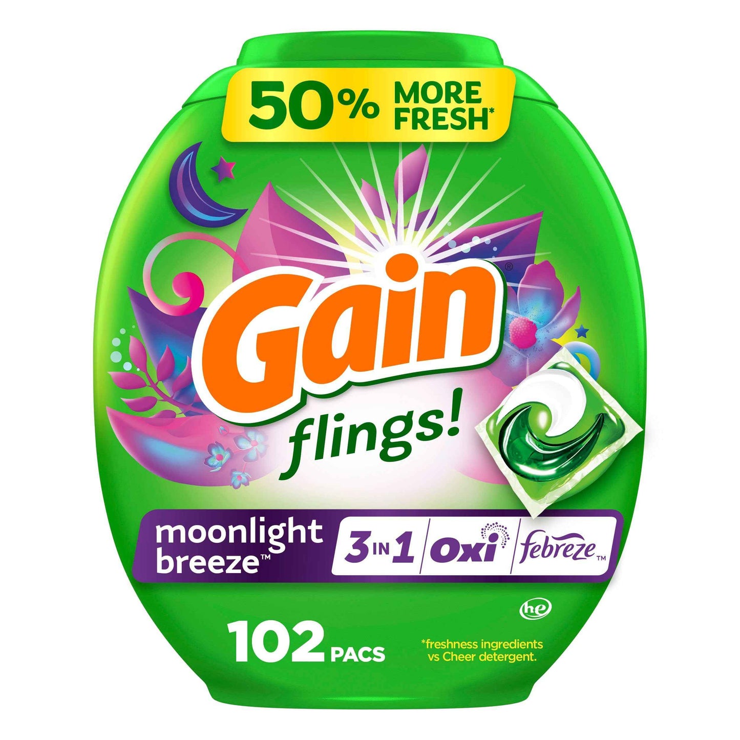Gain Flings Liquid Washing Detergent Pacs with Odor Defense + Color Guard, Moonlight Breeze Scent, 4-In-1 Liquid Laundry Detergent Pods, Clean & Fresh