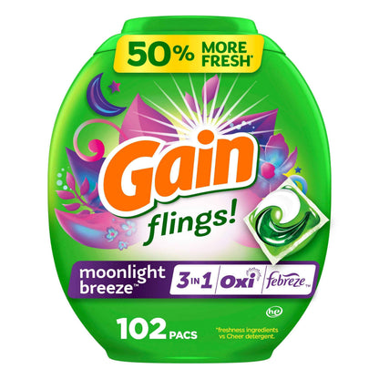 Gain Flings Liquid Washing Detergent Pacs with Odor Defense + Color Guard, Moonlight Breeze Scent, 4-In-1 Liquid Laundry Detergent Pods, Clean & Fresh