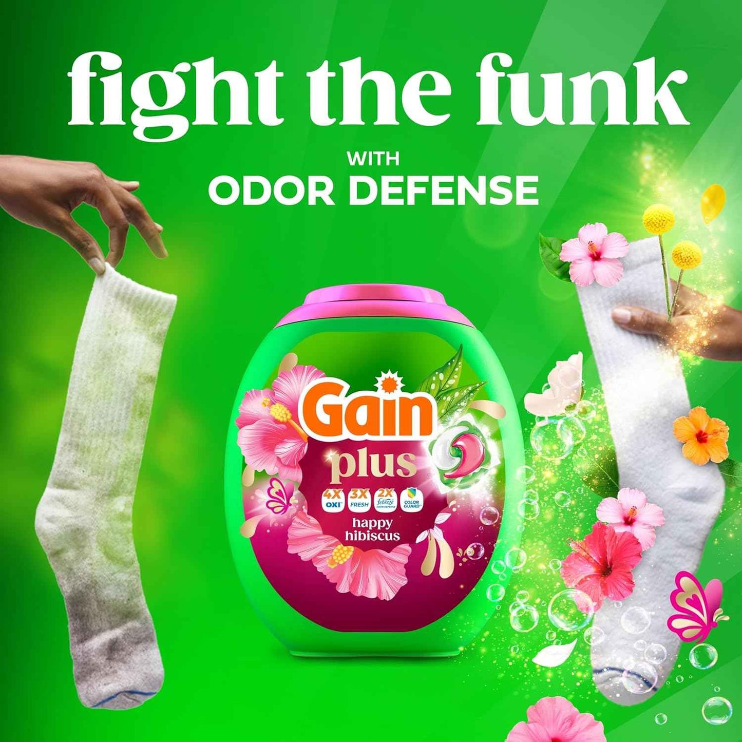 Gain Plus Flings Liquid Washing Detergent Pods, Gain's Best Clean, All-In-One, Happy Hibiscus Scent Laundry Pacs
