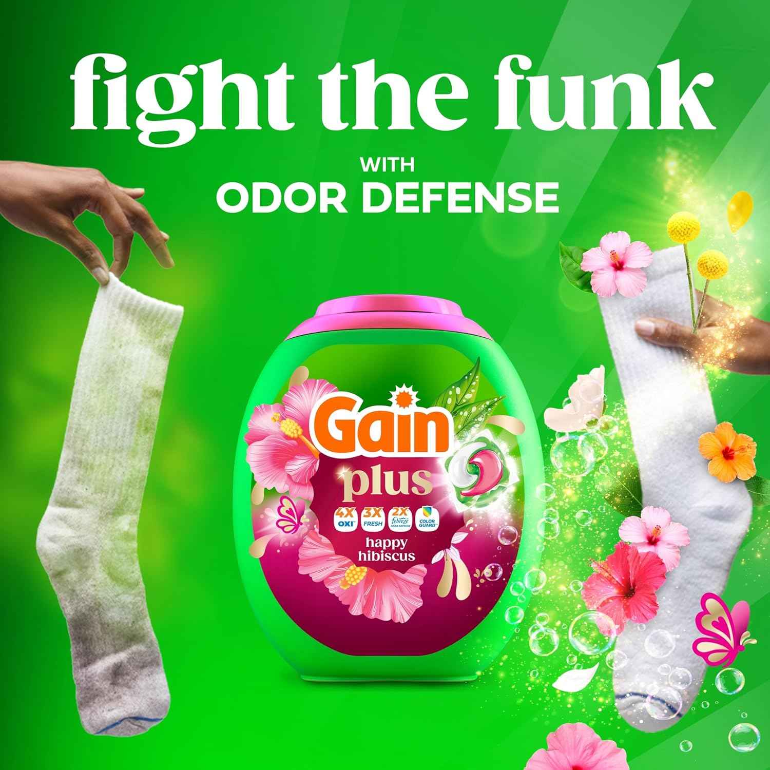 Gain Plus Flings Liquid Washing Detergent Pods, Gain's Best Clean, All-In-One, Happy Hibiscus Scent Laundry Pacs