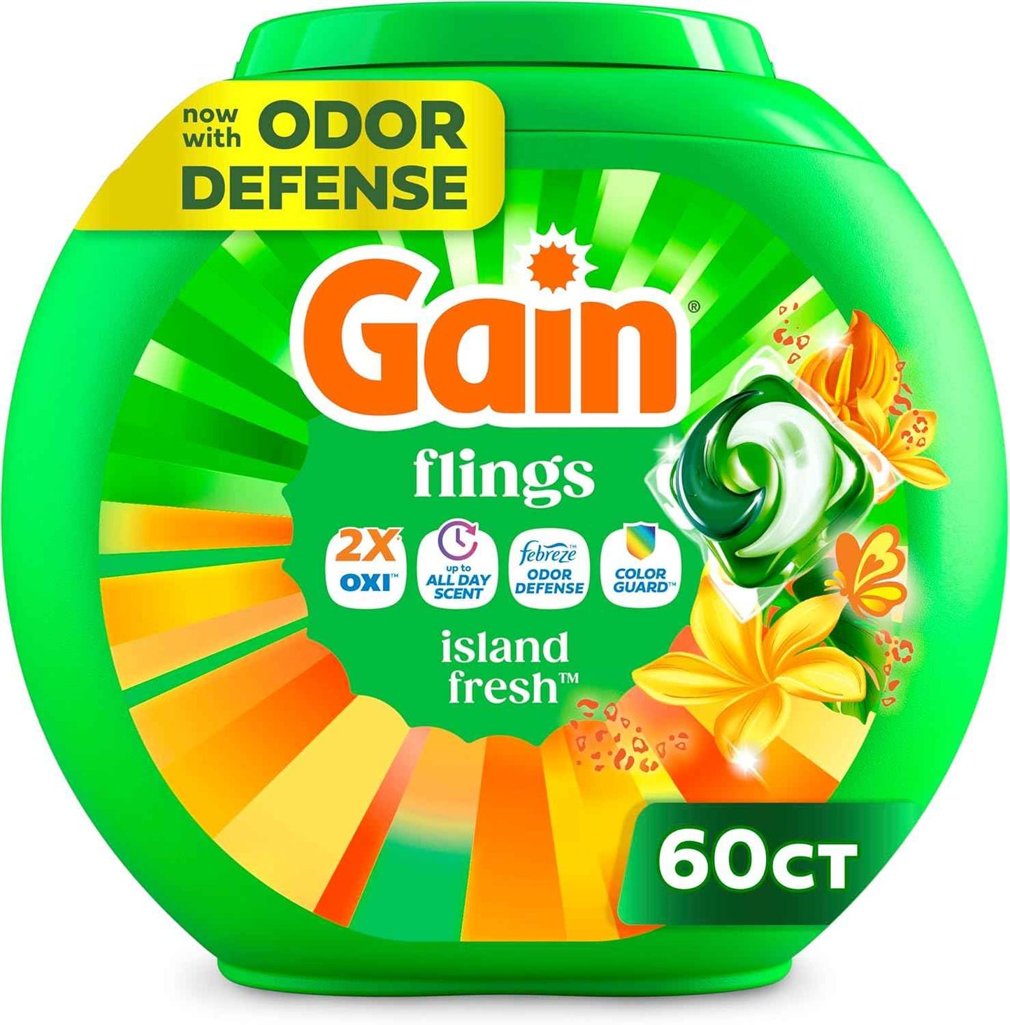 Gain Flings Liquid Washing Detergent Pacs with Odor Defense + Color Guard, 4-In-1 Liquid Laundry Detergent Pods, Clean & Fresh