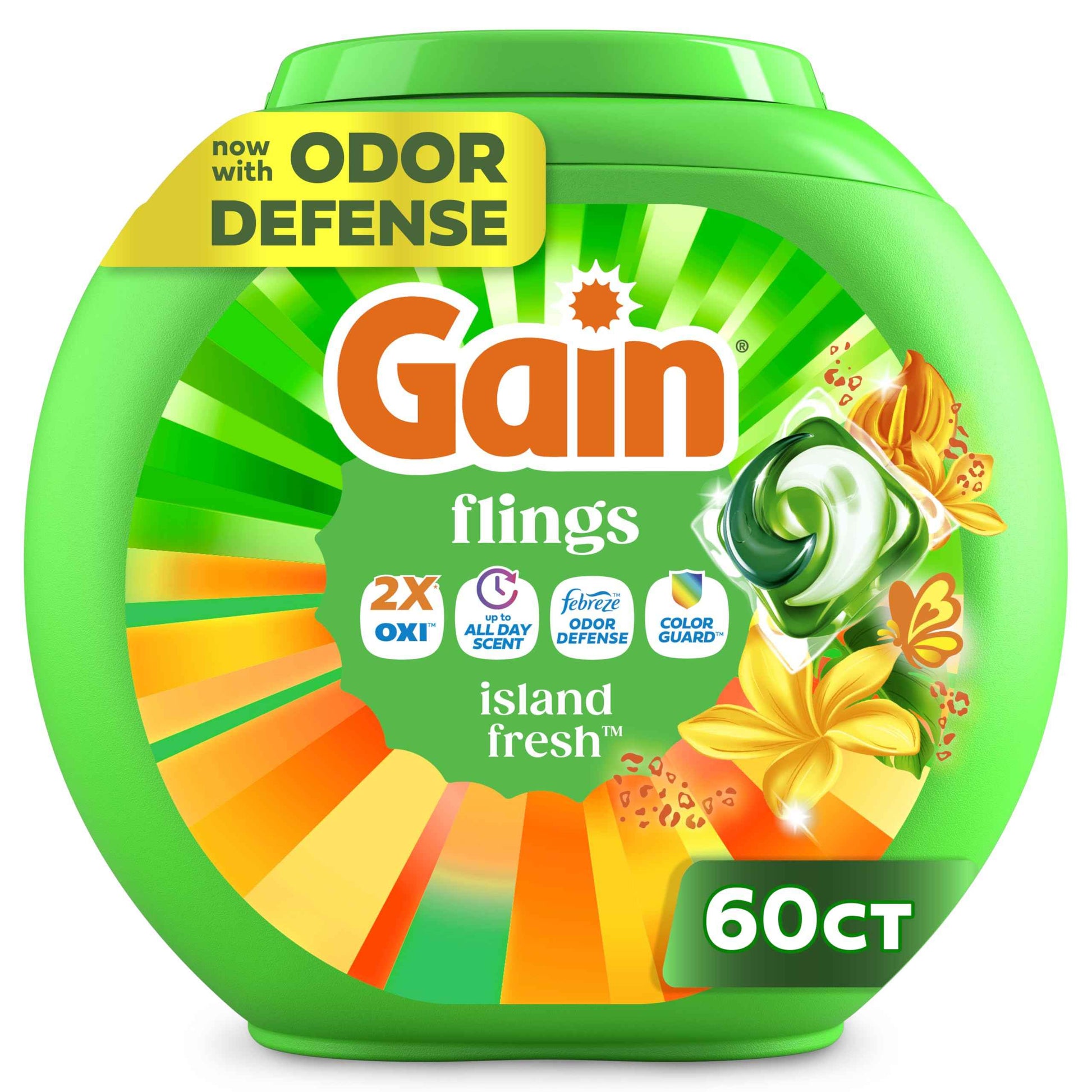 Gain Flings Liquid Washing Detergent Pacs with Odor Defense + Color Guard, 4-In-1 Liquid Laundry Detergent Pods, Clean & Fresh