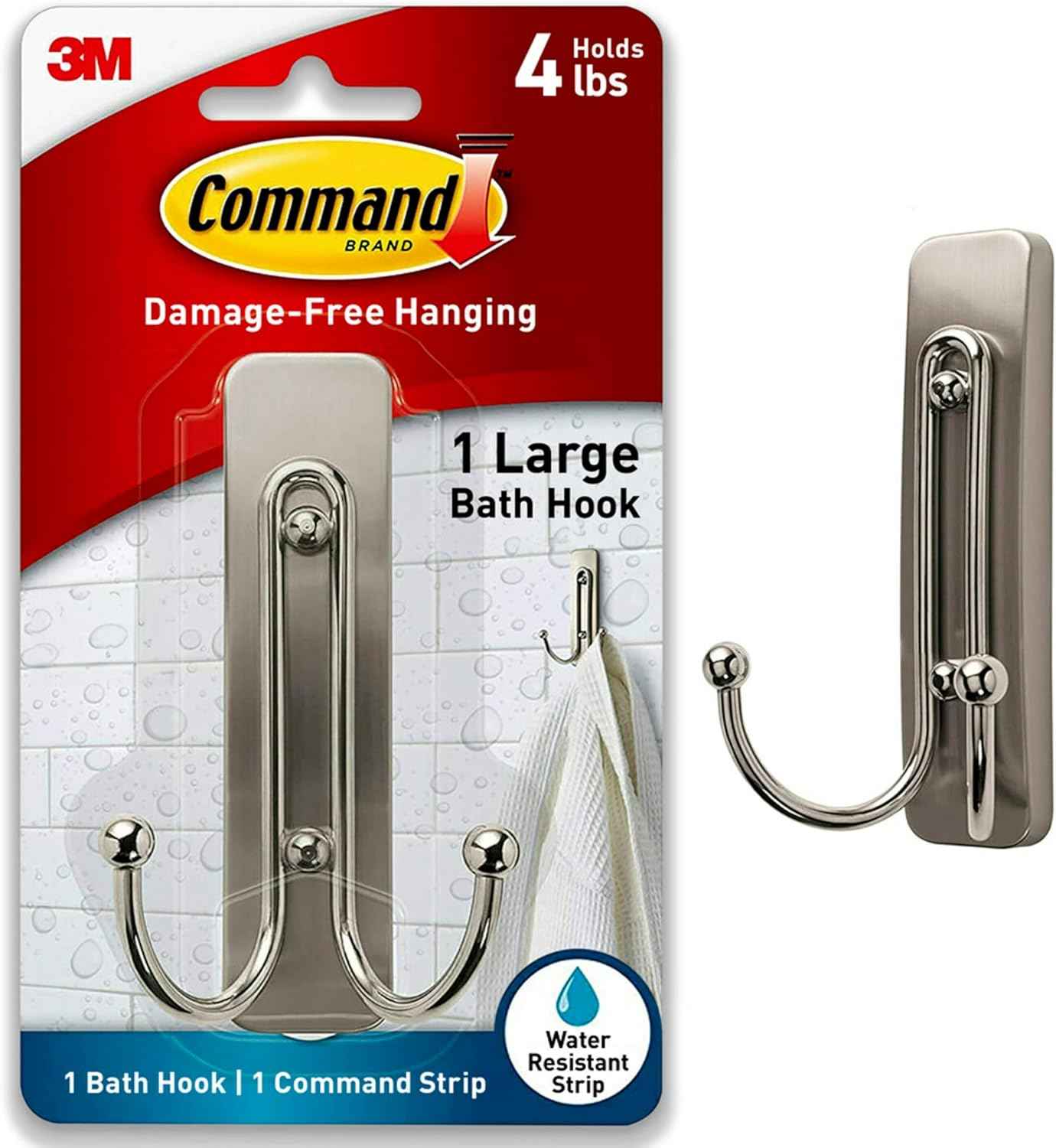 Command Large Double Bathroom Wall Hook, Damage-Free Hanging with Adhesive Strip, Great for Hanging Bath Towels, Wall Hook and 1 Water-Resistant Strip, Holds up to 4 lb