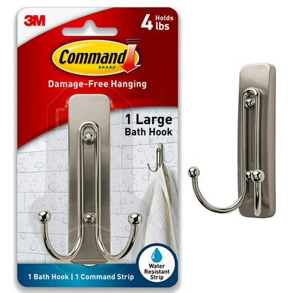 Command Large Double Bathroom Wall Hook, Damage-Free Hanging with Adhesive Strip, Great for Hanging Bath Towels, Wall Hook and 1 Water-Resistant Strip, Holds up to 4 lb
