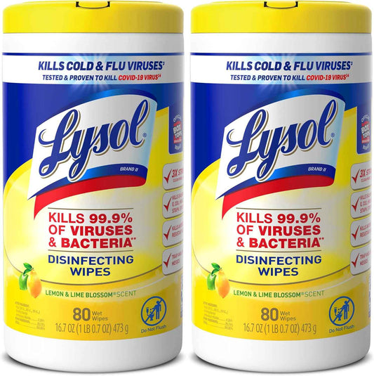 Lysol Disinfectant Wipes Multi-Surface Antibacterial Cleaning Wipes, Dorm Room Essentials For Disinfecting and Cleaning Lemon and Lime Blossom 80 Count (Pack of 2)