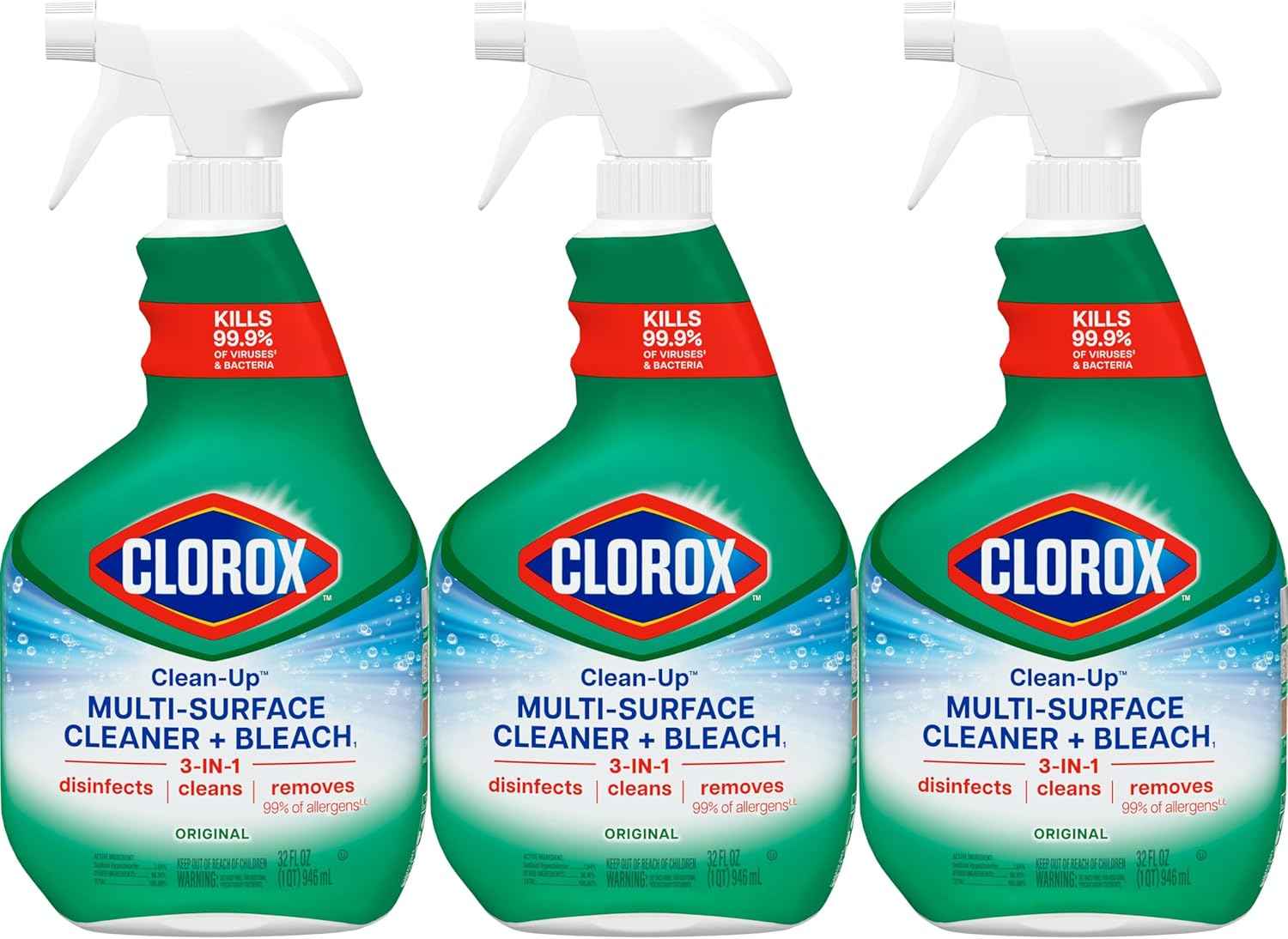 Clorox Clean-Up Multi Surface Cleaner Bleach Spray, Original, All Purpose Cleaning Spray Bottle, Mold and Mildew Cleaner, 32 Fl Oz., Pack of 3