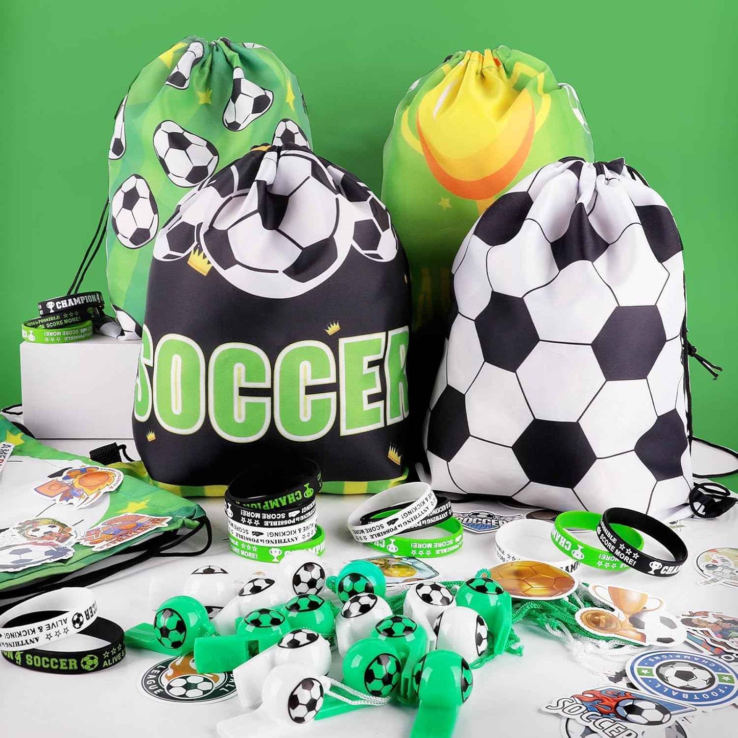 Miucat 98Pcs Soccer Party Favors, Soccer Goodie Bags with Silicone Bracelet Soccer Whistles Stickers Drawstring Bags Gift Snack Bag for Soccer Party Decorations Party Supplies