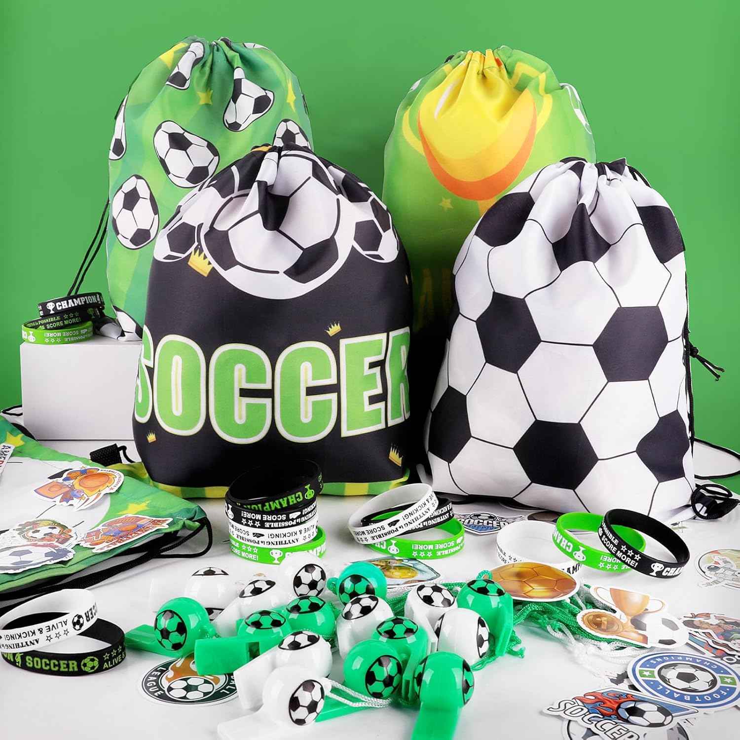 Miucat 98Pcs Soccer Party Favors, Soccer Goodie Bags with Silicone Bracelet Soccer Whistles Stickers Drawstring Bags Gift Snack Bag for Soccer Party Decorations Party Supplies