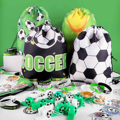 Miucat 98Pcs Soccer Party Favors, Soccer Goodie Bags with Silicone Bracelet Soccer Whistles Stickers Drawstring Bags Gift Snack Bag for Soccer Party Decorations Party Supplies