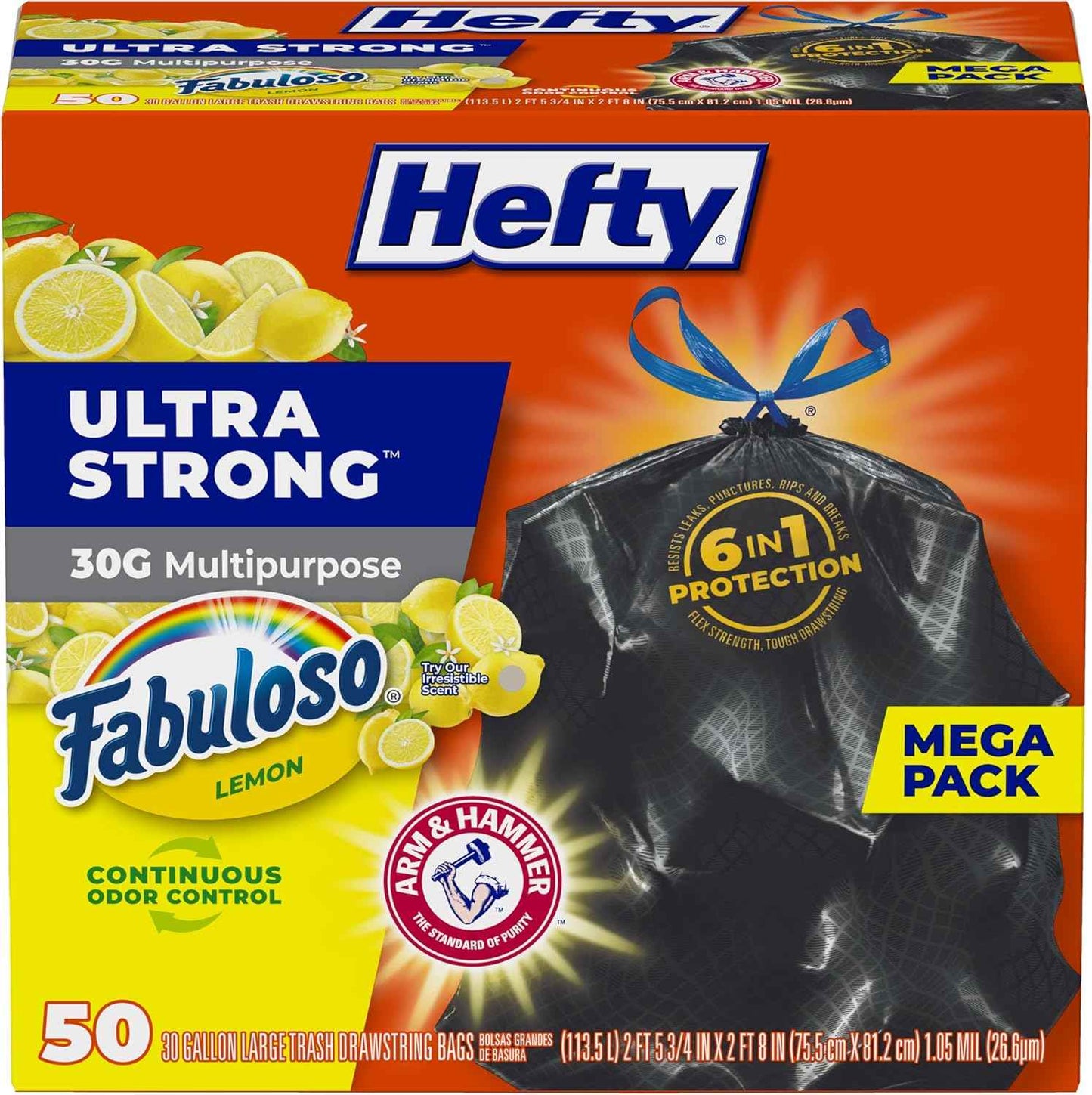 Hefty Ultra Strong 30 Gallon Trash Bags, Large Trash Bags 30 Gallon Size, Multipurpose, Break Resistant Drawstring Closure, Resists Leaks, Punctures, and Tears, Black, Fabuloso Lemon Scent
