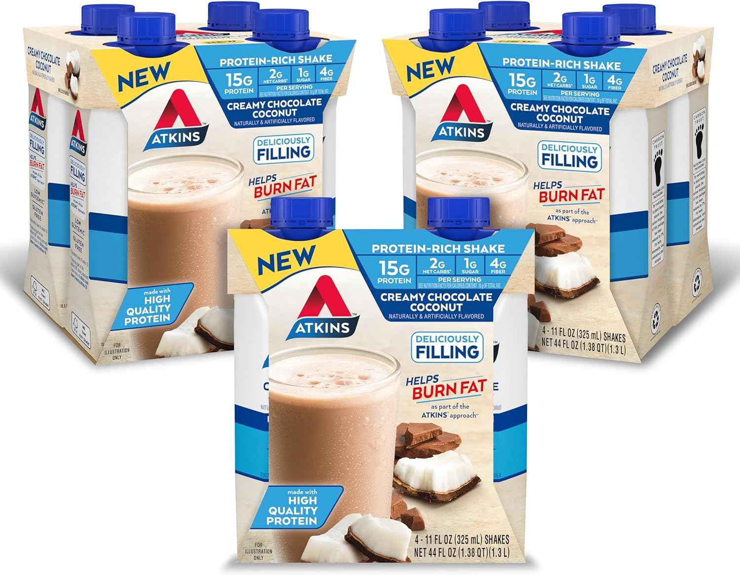 Atkins Creamy Chocolate Coconut Protein Shake, 15g Protein, 2g Net Carbs, 1g Sugar, Keto Friendly