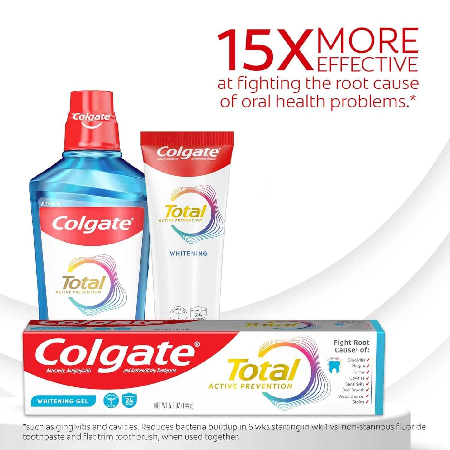 Colgate Total Active Prevention Whitening Gel Toothpaste with Fluoride, Bulk with Clinically Proven Formula That Fights Plaque Bacteria, Mint, 4 Pack, 5.1 oz