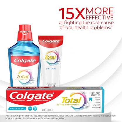 Colgate Total Active Prevention Whitening Gel Toothpaste with Fluoride, Bulk with Clinically Proven Formula That Fights Plaque Bacteria, Mint, 4 Pack, 5.1 oz
