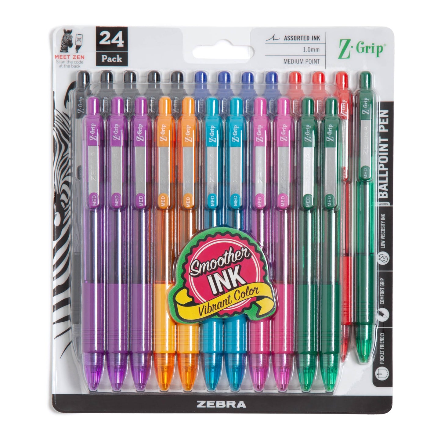 Zebra Pen Z-Grip Retractable Ballpoint Pen, Smooth-Flowing Assorted Fashion Colors, 1.0mm Medium Point, School &amp;amp; Office Supplies, Ideal for Note-Taking, Journal and Planner Use, 24-Pack (12223)