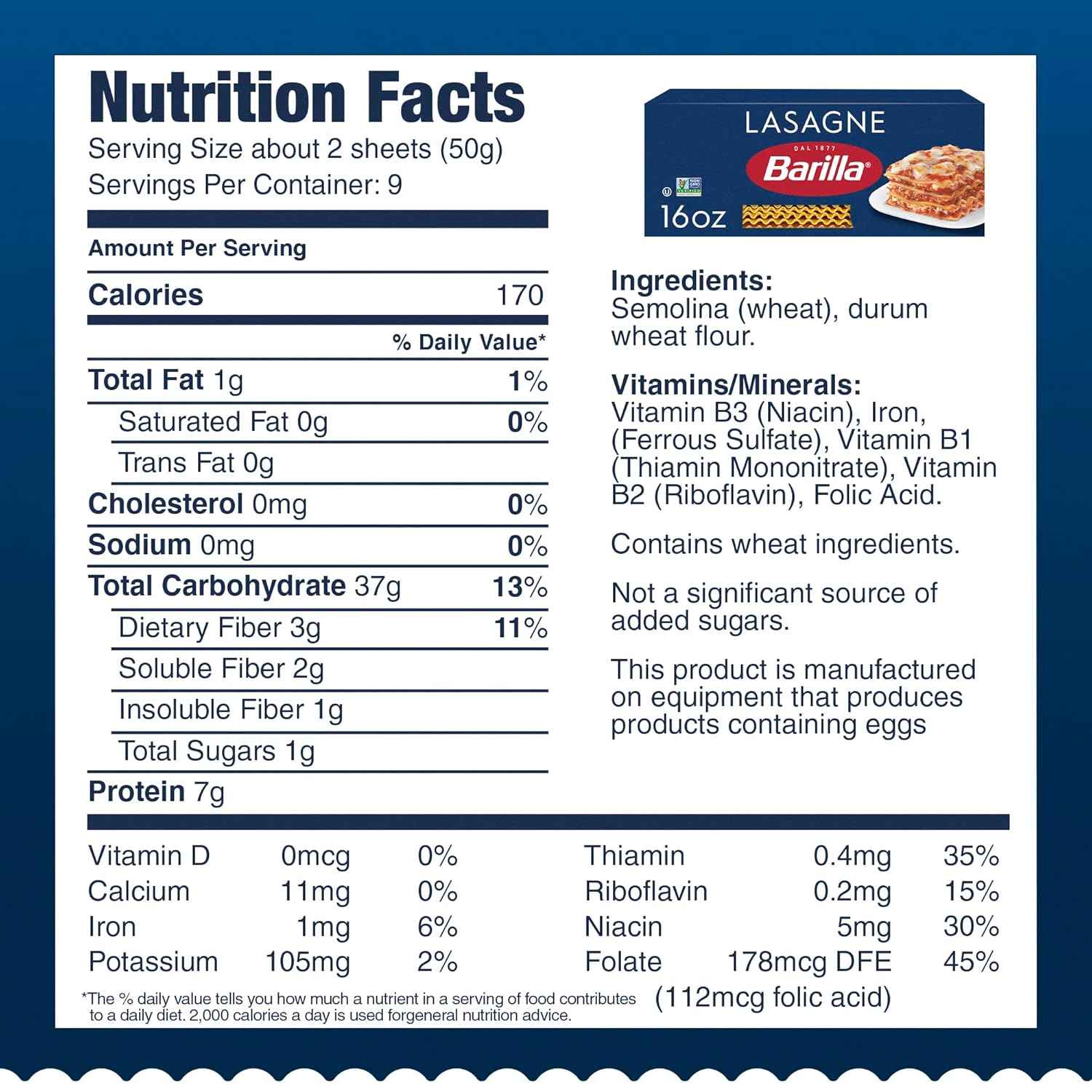 Barilla Wavy Lasagne Pasta, 16 oz. Box - Non-GMO, Made with Durum Wheat Semolina - Kosher Certified