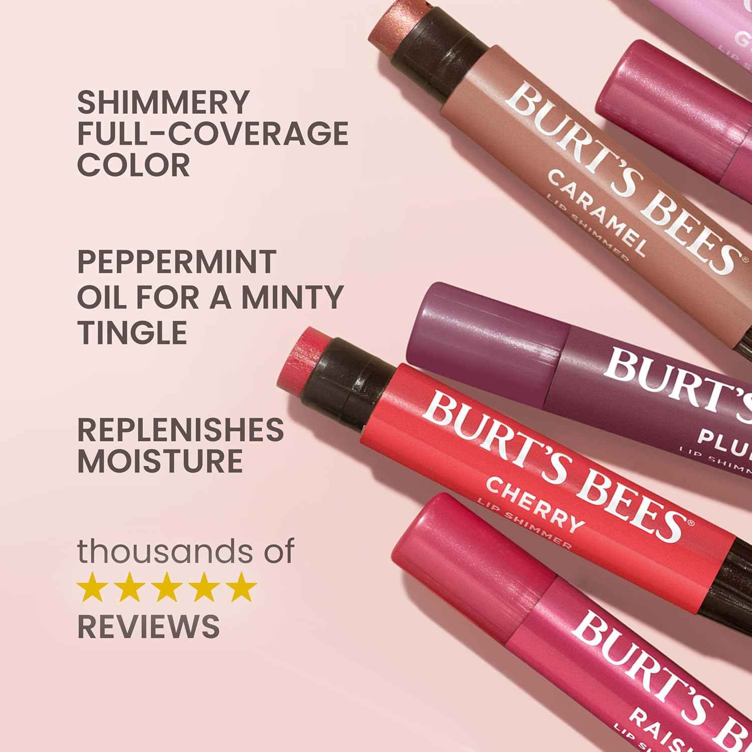 Burt's Bees Lip Shimmer, Tinted Lip Balm Stick, Moisturizing for All Day Hydration with Natural Glowy Pigmented Finish & Buildable Color; Value Pack