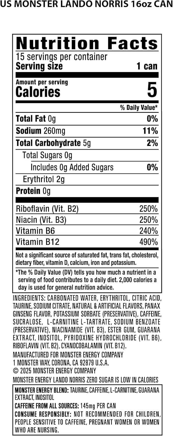 Monster Energy Lando Norris, Sugar Free Energy Drink, 16 Ounce (Pack of 15)