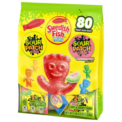 SOUR PATCH KIDS and SWEDISH FISH Mini Soft & Chewy Candy Variety Pack, Bulk Candy, 80 Treat-Size Snack Packs